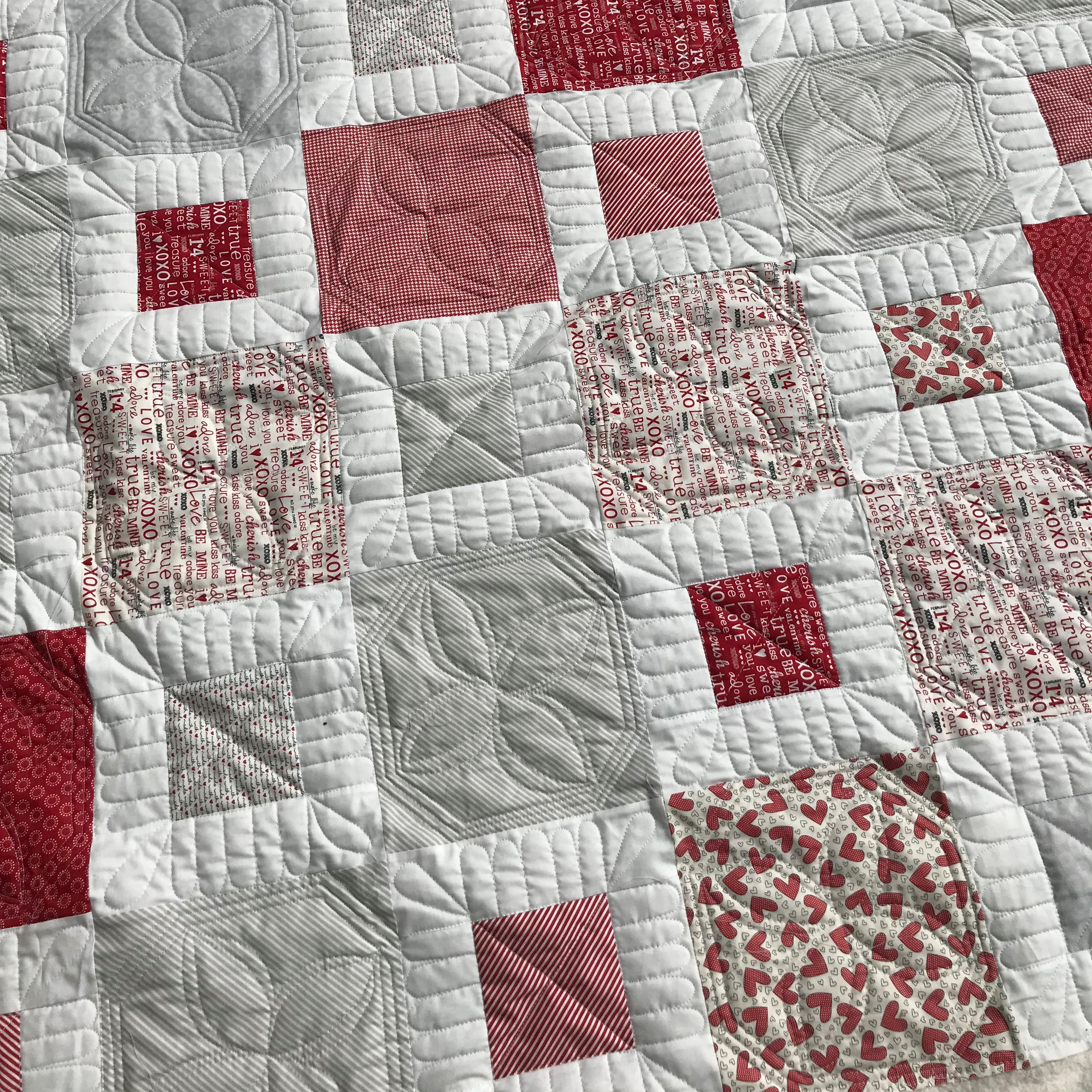 Red and gray squares valentine quilt